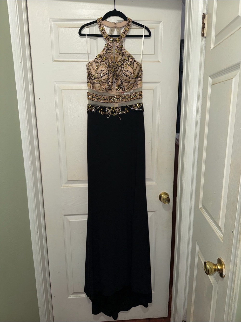 Dancing Queen Black and Nude Beaded Halter Prom Gown